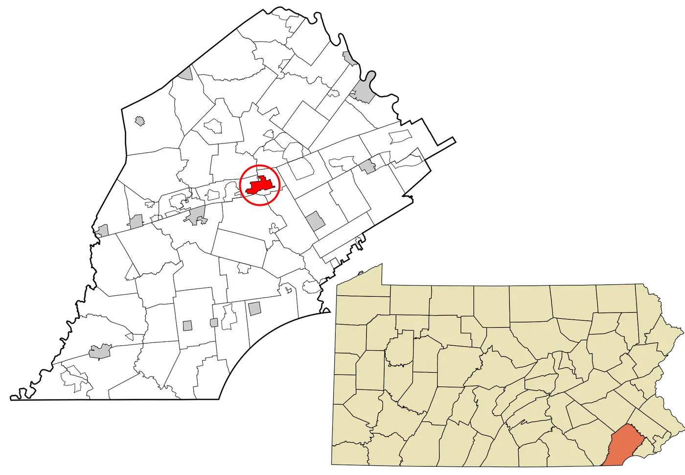 Map of Chester County with Downingtown highlighted